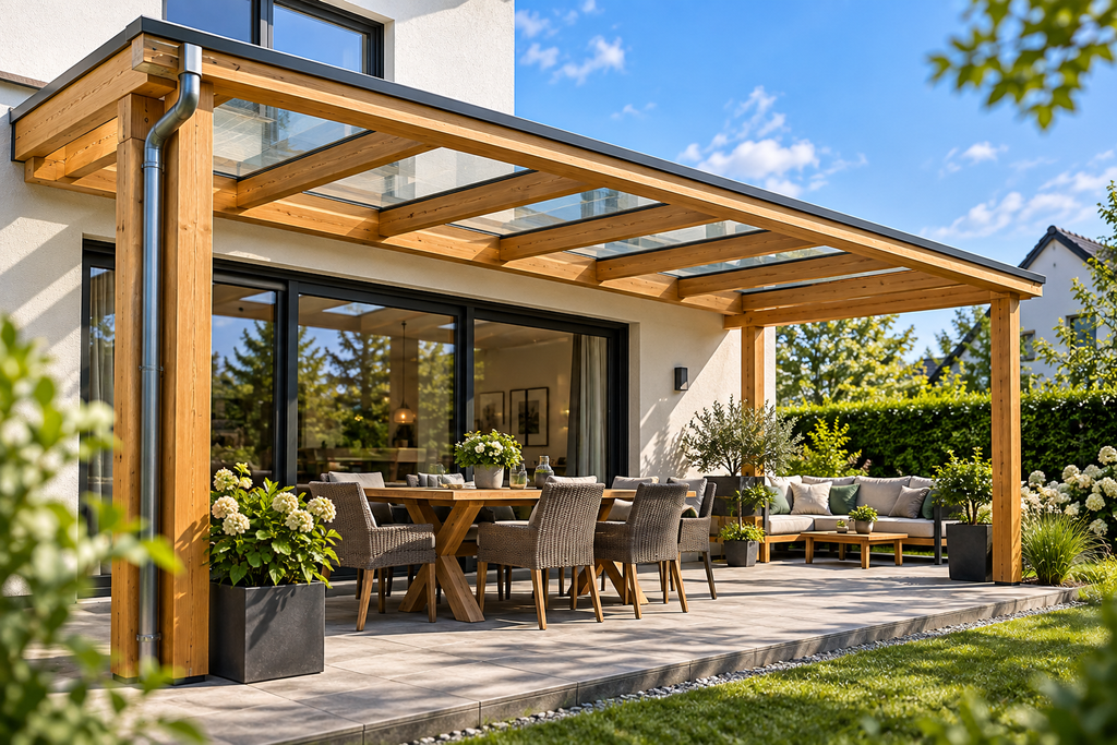 Terrassenüberdachung aus Holz mit Glasdach und Dachentwässerung