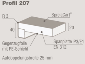 Sprelacart-Fensterbank 8685 PE – Profil 207 mit 40 mm Blende (R=3mm) Träger: Spanplatte P3 nach EN312 – E1 Dekor: Select - 8685 Snow