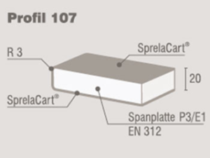 Sprelacart-Fensterbank 8685 PE – Profil 107 (R=3mm) Träger: Spanplatte P3 nach EN312 – E1 Dekor: Select - 8685 Snow White – Oberfläch