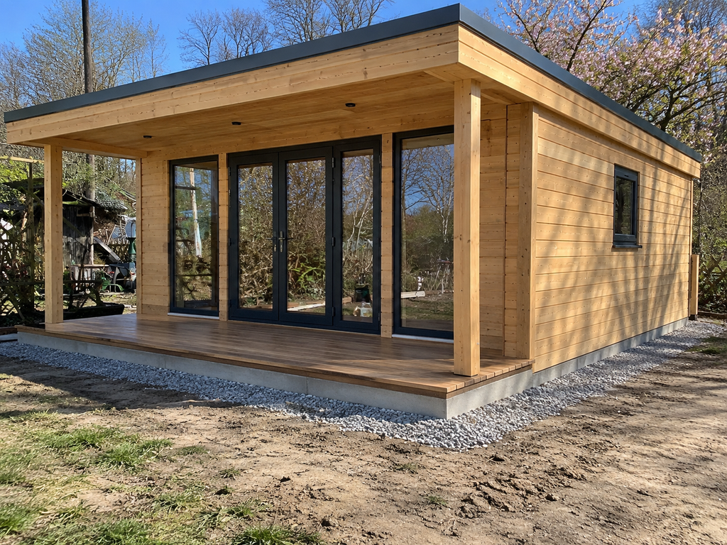 Gartenhaus ganzjährig nutzen – Holzhaus auf stabilem Fundament mit Terrasse