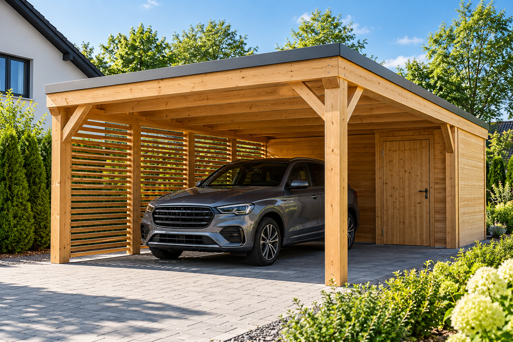 Carport aus Holz mit Seitenwand und Sichtschutz