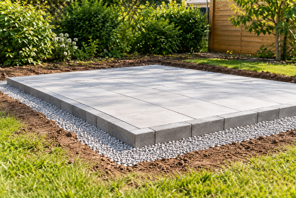Gerätehaus Fundament mit Waschbetonplatten
