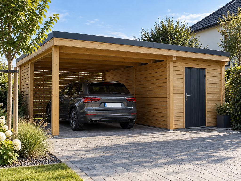 Holzcarport mit integriertem Geräteraum