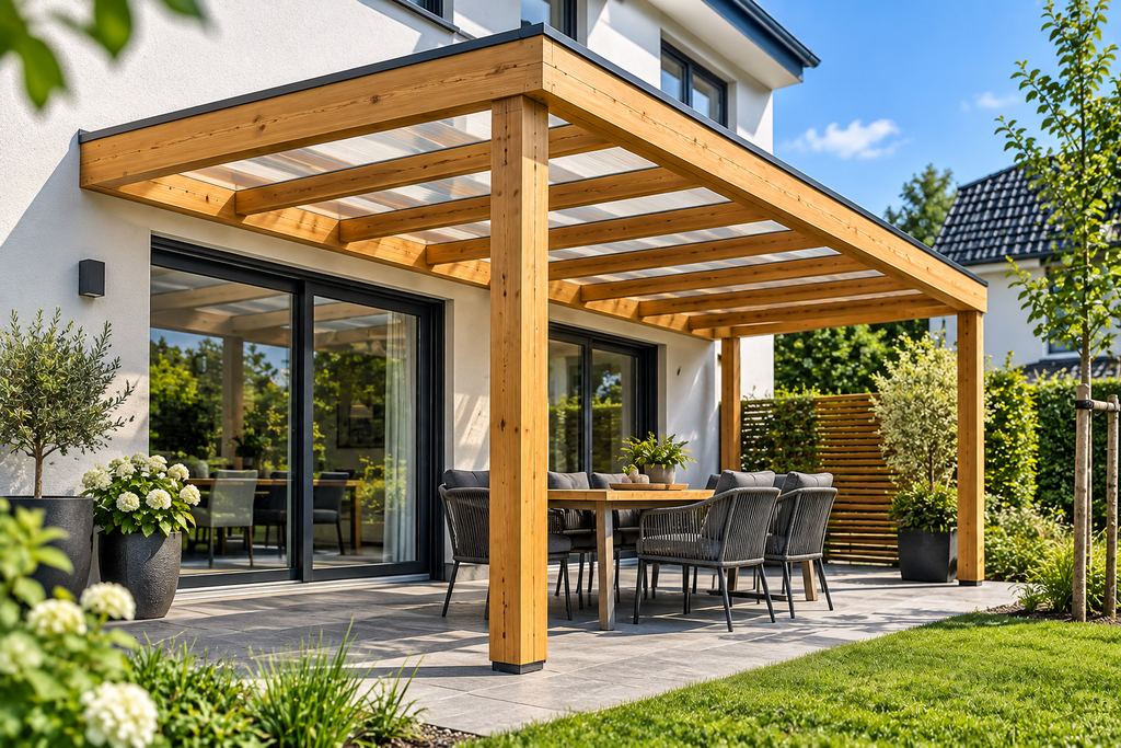 Terrassenüberdachung aus Holz mit transparenter Dacheindeckung