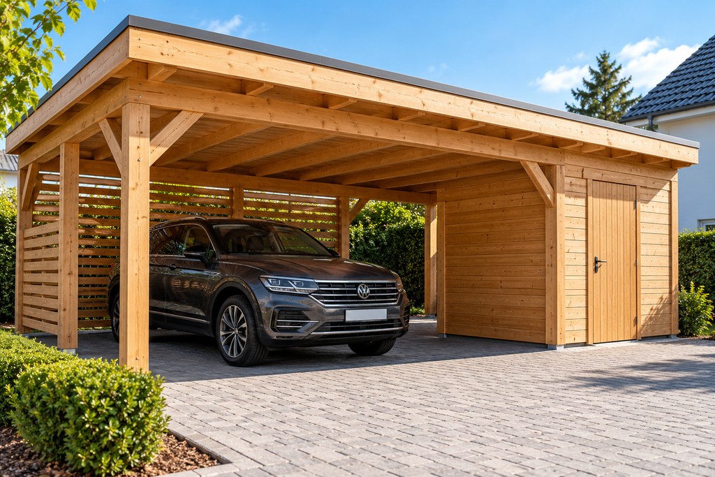 Carport aus Holz mit Geräteraum