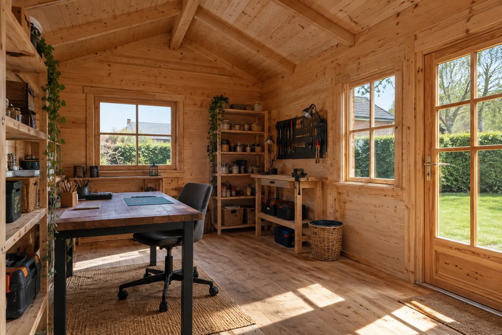 Gartenhaus ganzjährig nutzen – heller Innenraum als Gartenbüro und Aufenthaltsraum