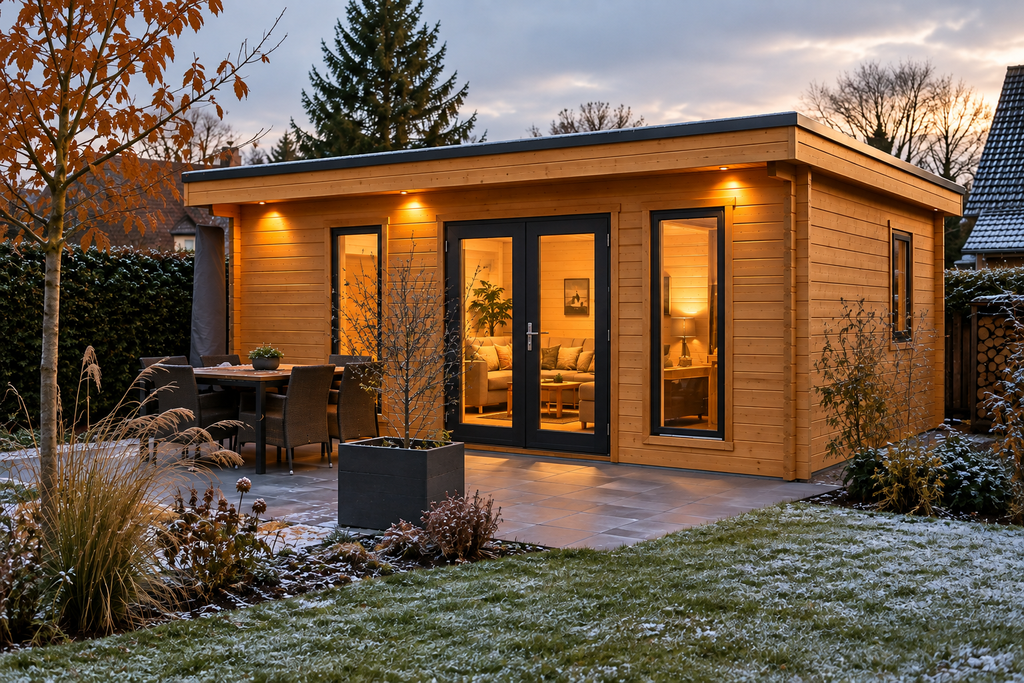 Gartenhaus ganzjährig nutzen – Holzhaus im Winter mit beleuchtetem Innenraum