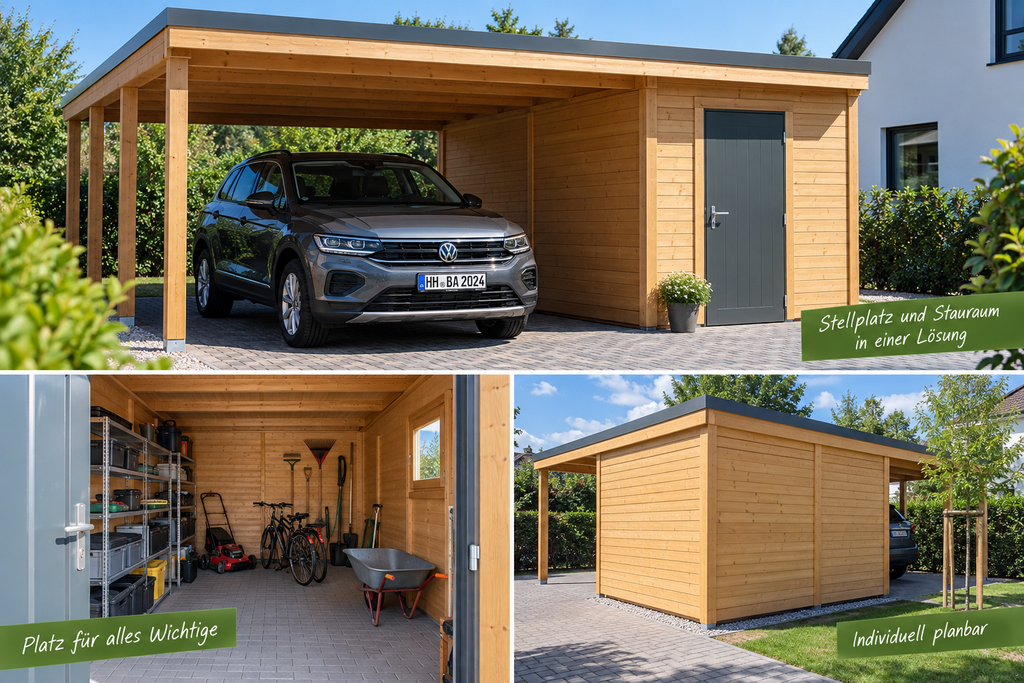 Carport mit geschlossenem Geräteraum 