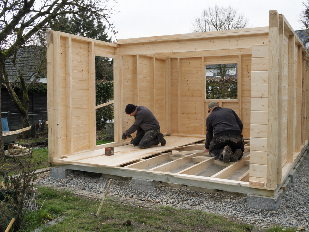 Gartenhaus Fußboden einbauen – Holzboden wird nach dem Aufbau der Wände montiert