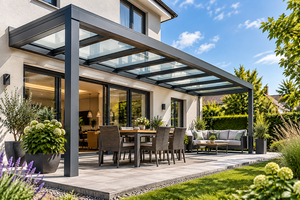 Moderne Terrassenüberdachung aus Aluminium mit Glasdach