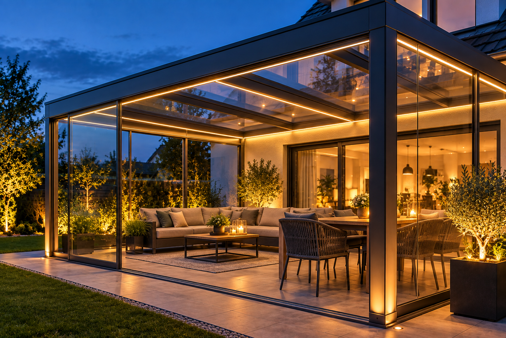Terrassenüberdachung Beleuchtung mit Glasschiebewänden
