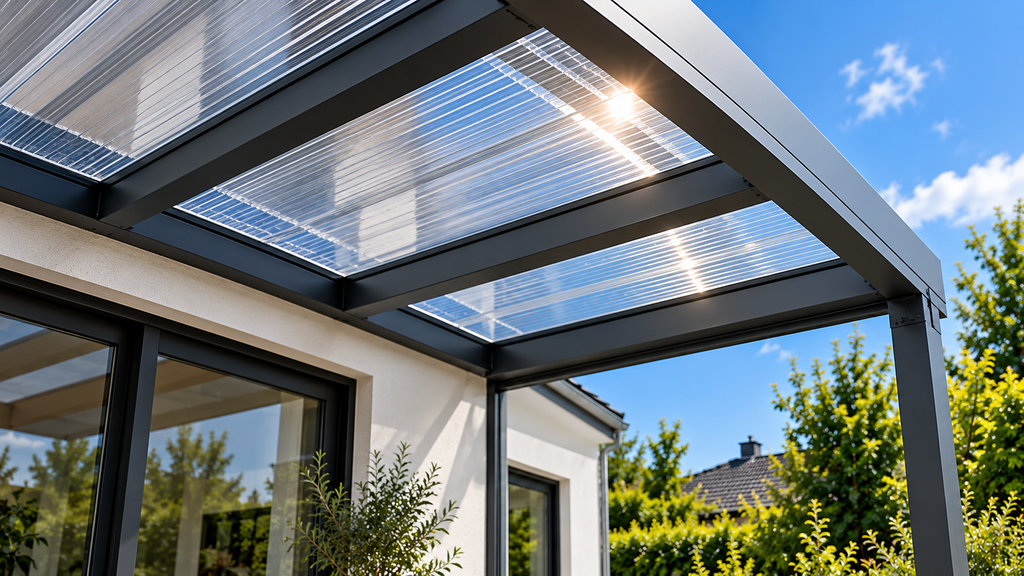 Terrassenüberdachung Holz oder Aluminium mit transparentem Dach
