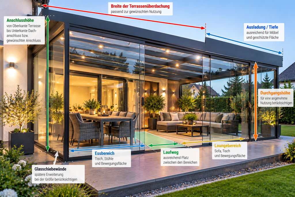 Terrassenüberdachung Größe mit Glasschiebewänden