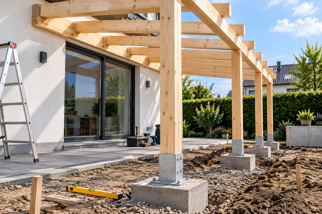 Terrassenüberdachung Montage mit Fundament und Pfosten