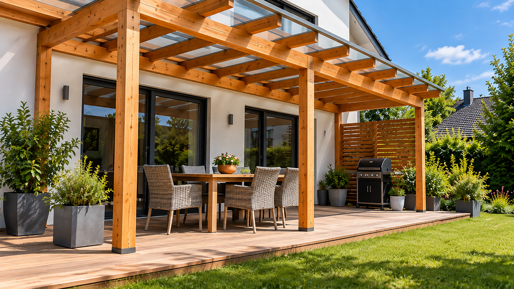 Terrassenüberdachung Holz oder Aluminium – moderne Holzüberdachung