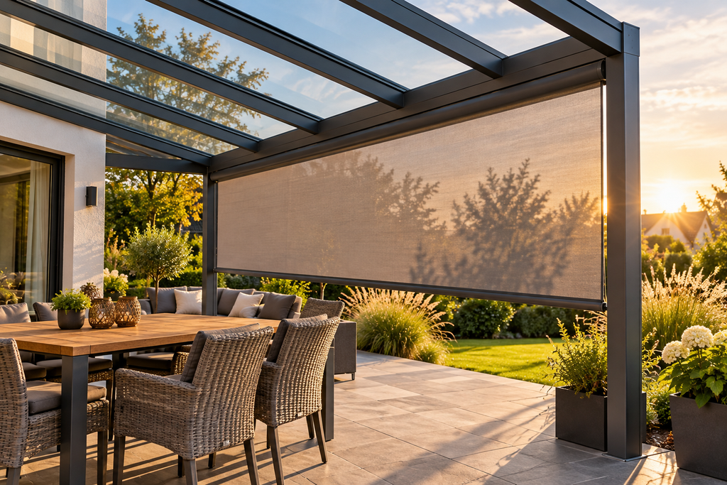 Terrassenüberdachung Sonnenschutz mit seitlicher Beschattung