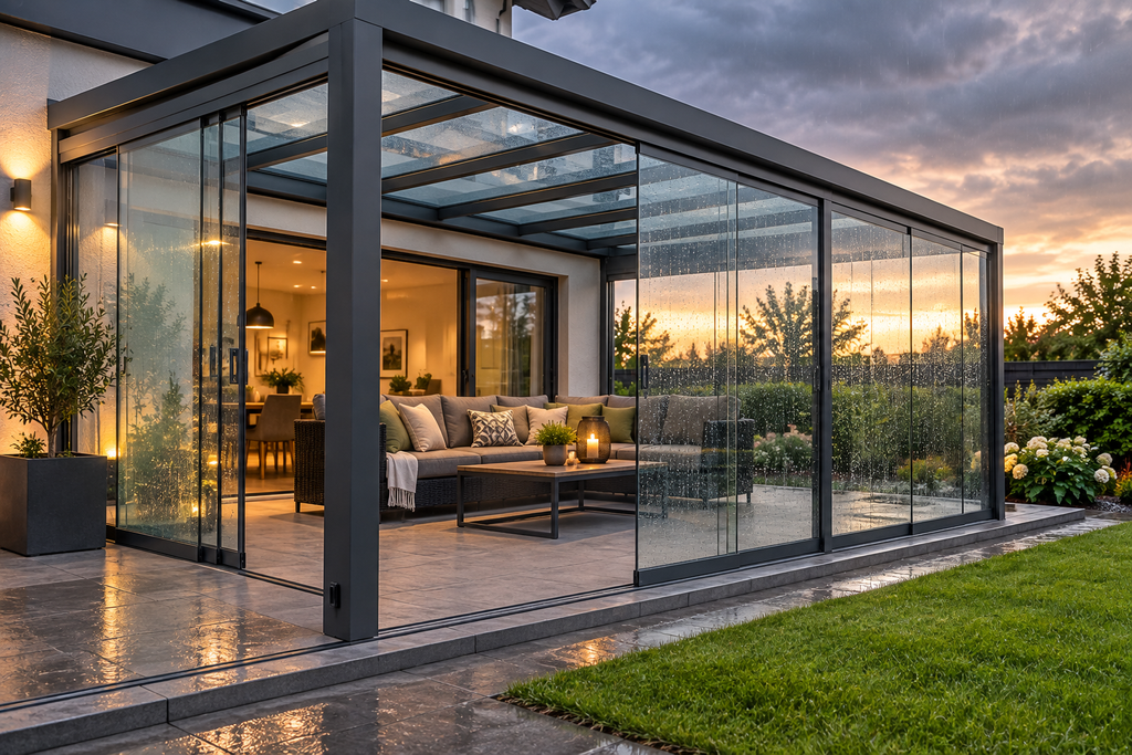 Terrassenüberdachung Wetterschutz mit Glasschiebewänden