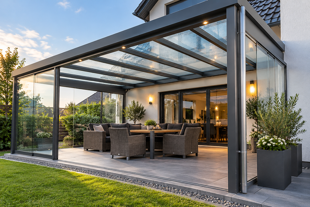 Terrassenüberdachung Wetterschutz mit Dach und Seitenschutz