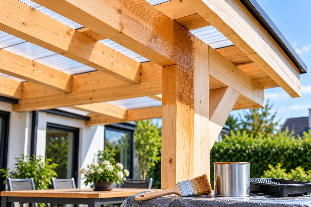Terrassenüberdachung streichen mit Holzschutz-Grund