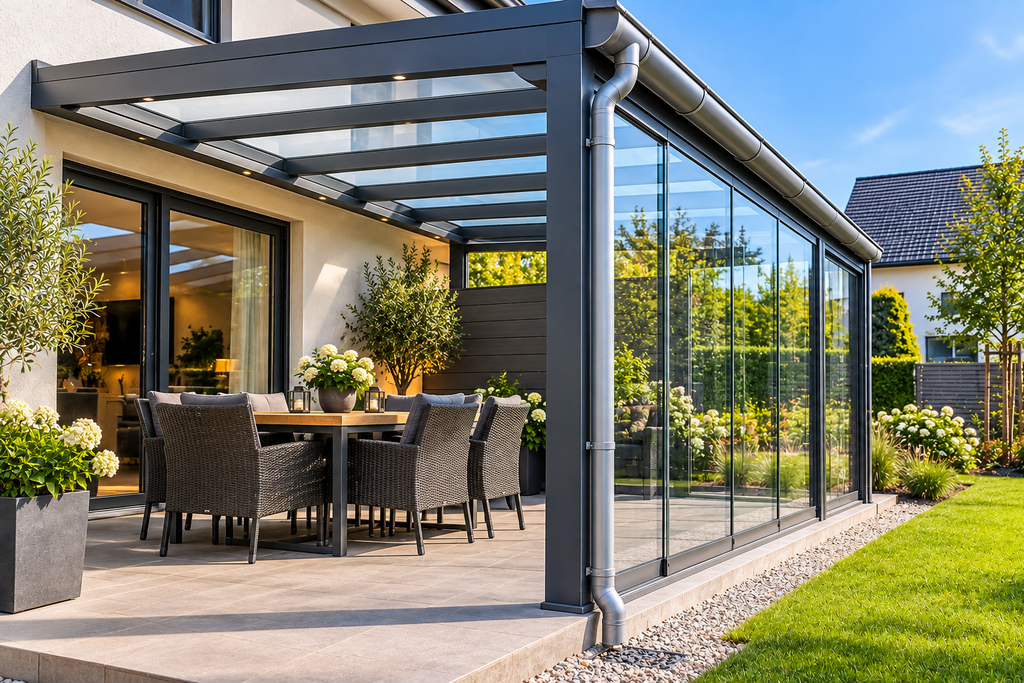 Terrassenüberdachung Seitenschutz mit Dachrinne und Fallrohr