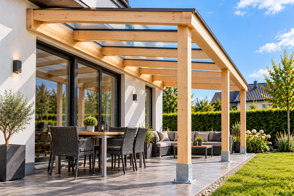 Terrassenüberdachung Montage fertig aufgebaut