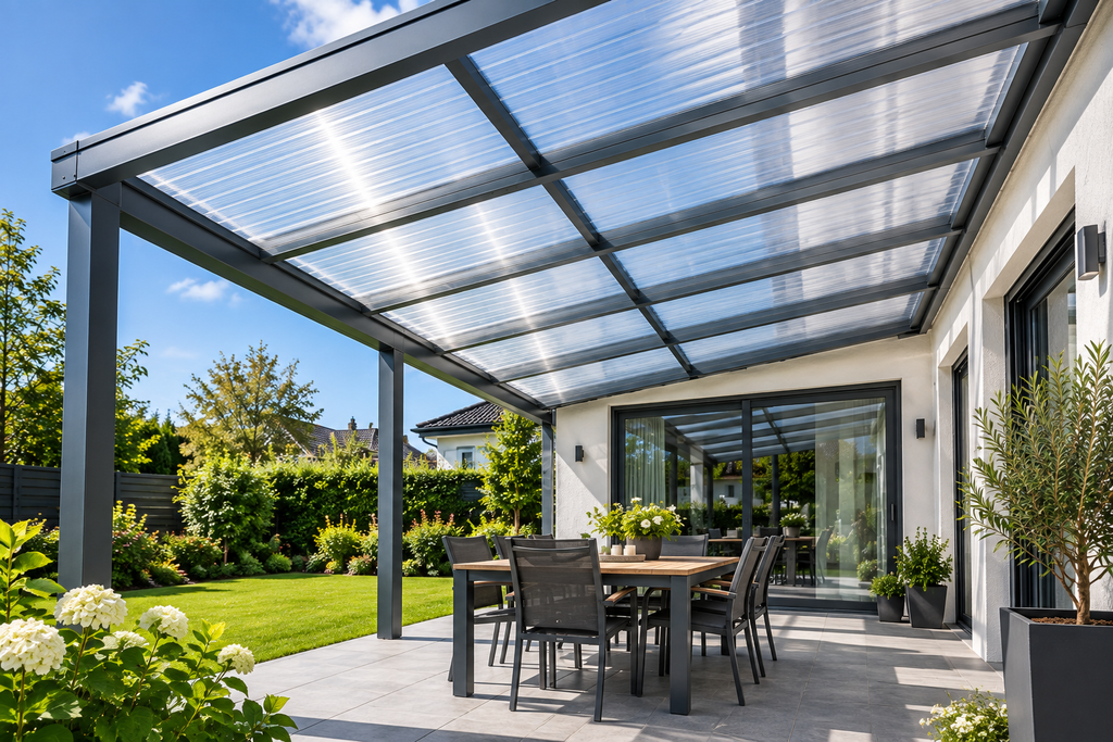 Terrassenüberdachung Dach mit glasklaren Stegplatten