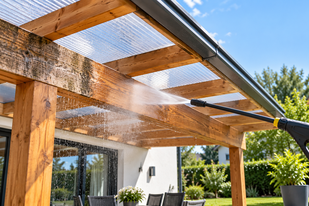 Terrassenüberdachung reinigen – Hochdruckreiniger vorsichtig einsetzen