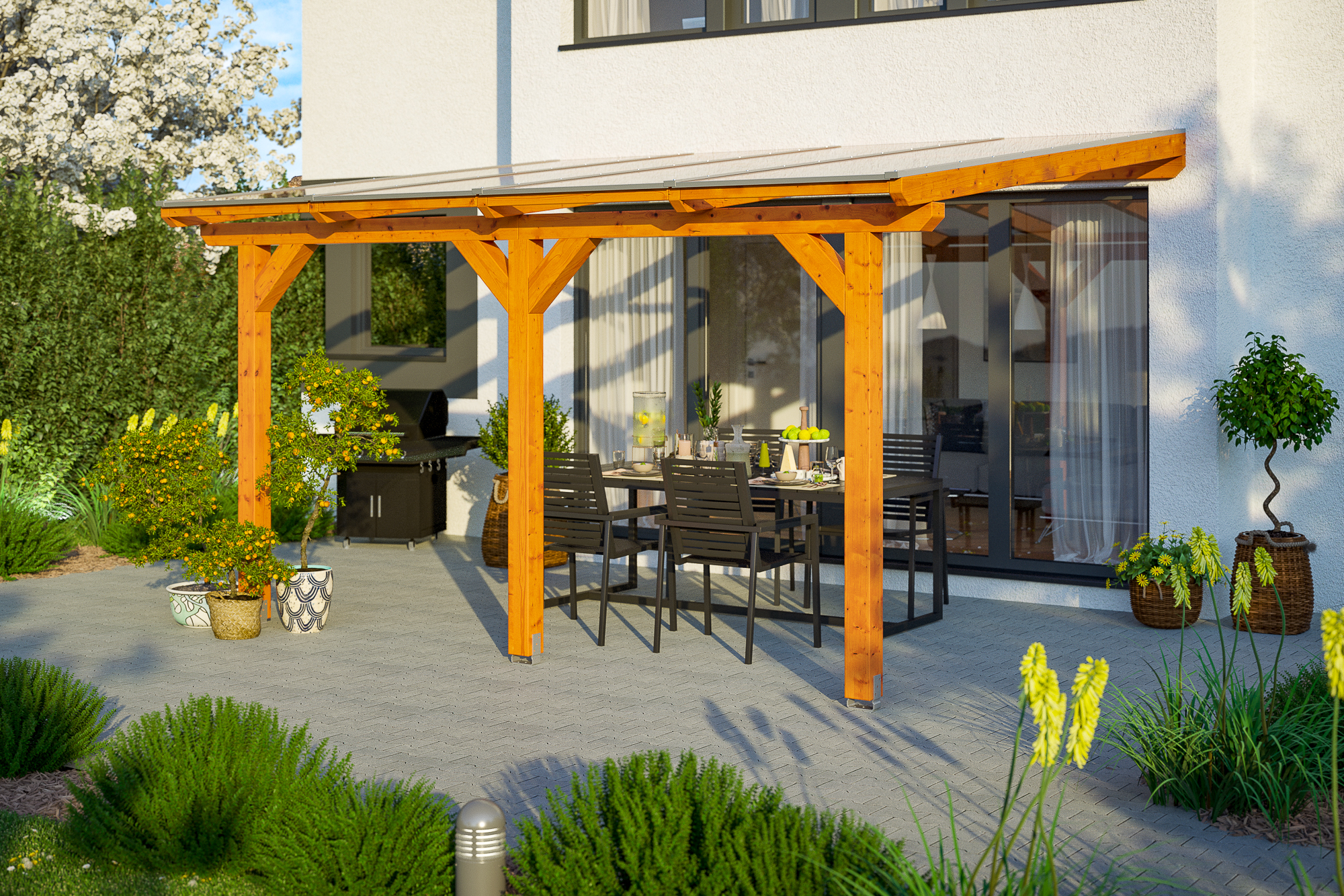 AI generated – Terrassenüberdachung Andria 434 x 250 cm, Leimholz, eiche hell