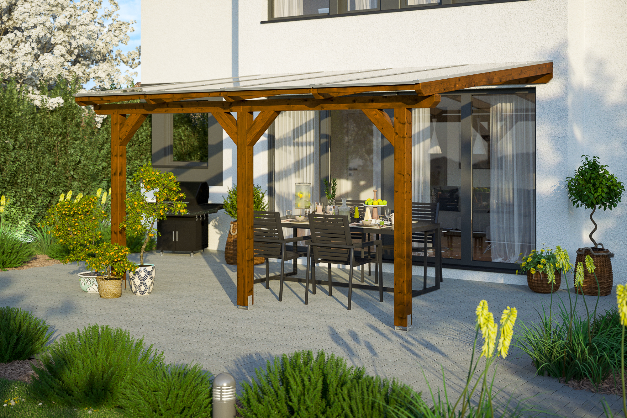 AI generated – Terrassenüberdachung Andria 434 x 250 cm, Leimholz, nussbaum