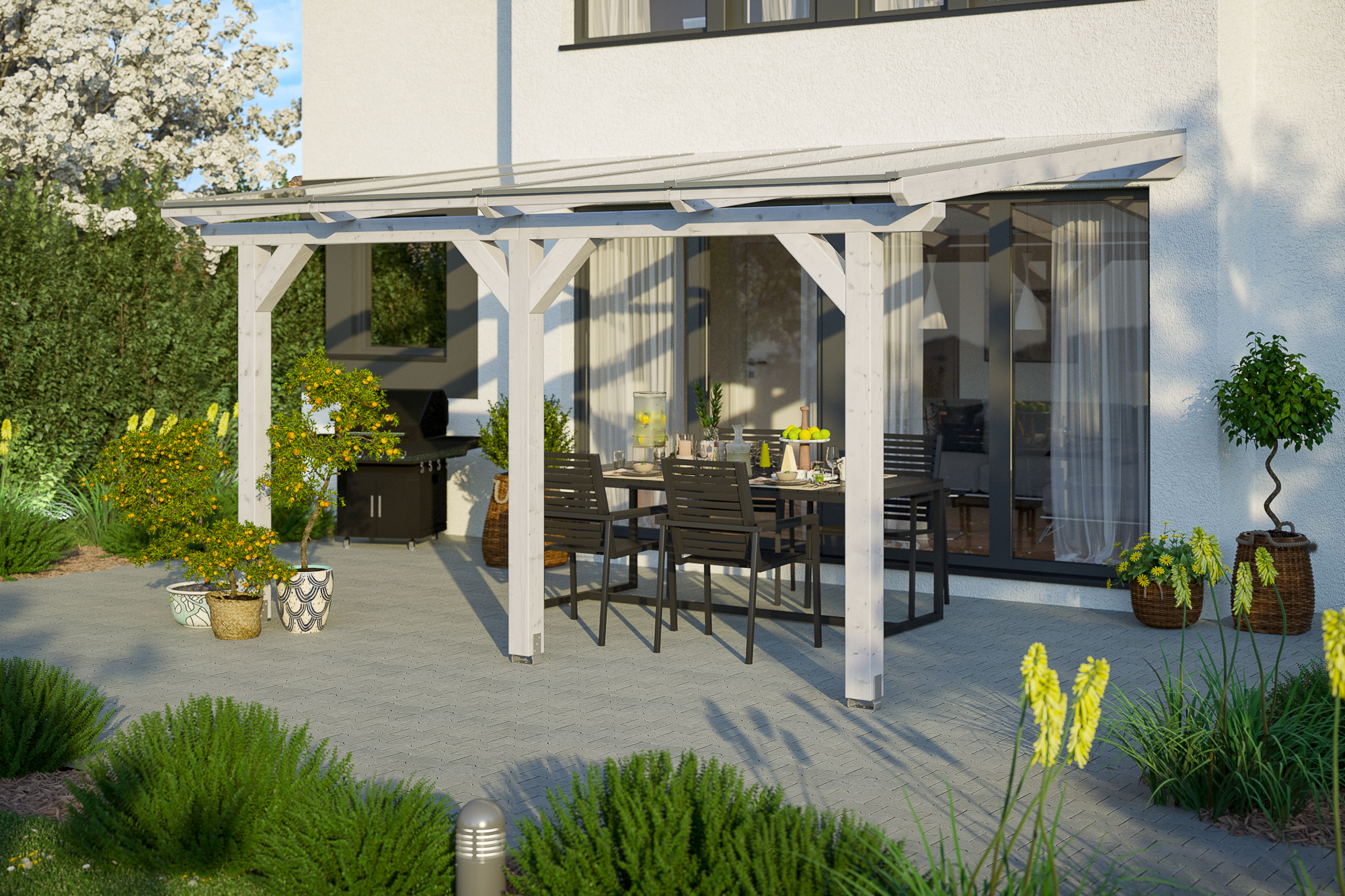 AI generated – Terrassenüberdachung Andria 434 x 250 cm, Leimholz, weiß