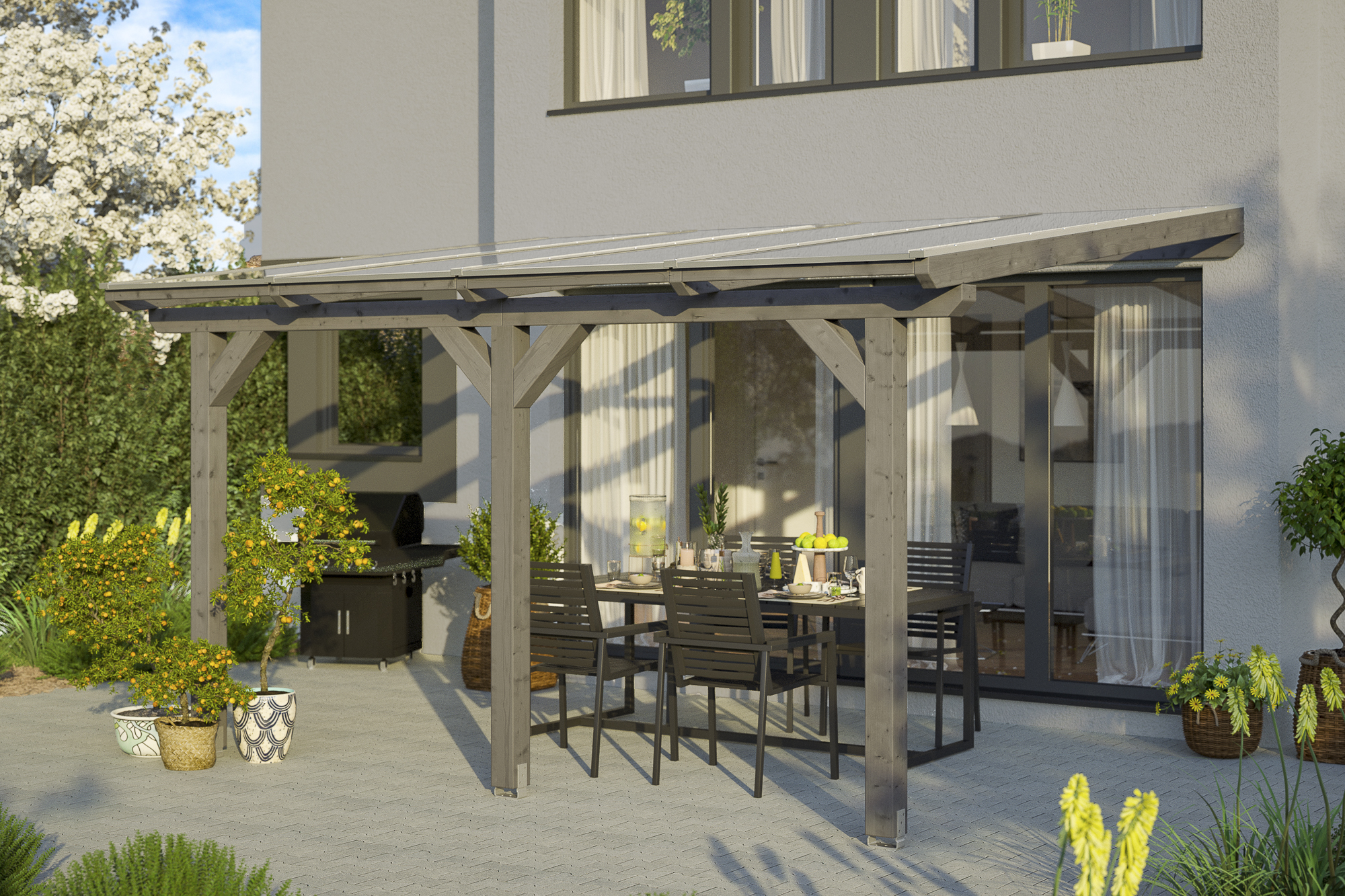 AI generated – Terrassenüberdachung Bormio 434 x 300 cm, Leimholz, schiefergrau
