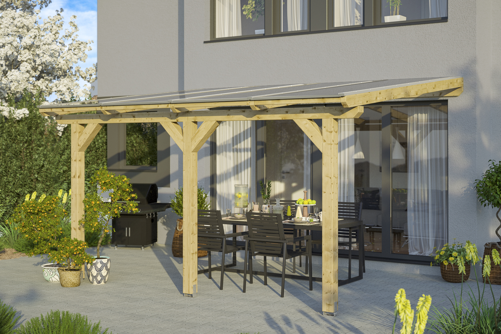 AI generated – Terrassenüberdachung Bormio 434 x 250 cm, Leimholz, natur