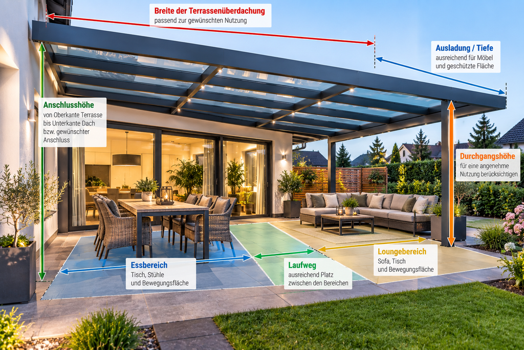 Terrassenüberdachung Größe für Esstisch und Lounge