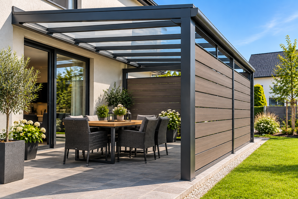 Terrassenüberdachung Seitenschutz mit WPC Sichtschutz