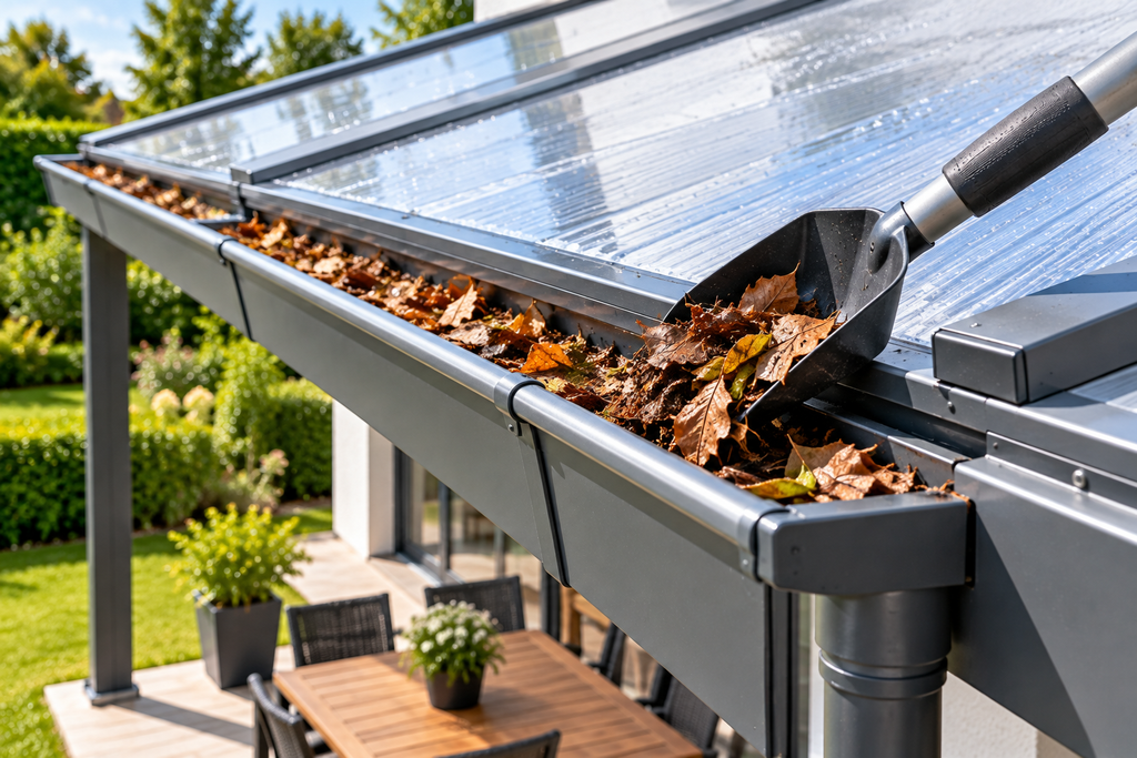 Terrassenüberdachung reinigen – Dachrinne von Laub befreien