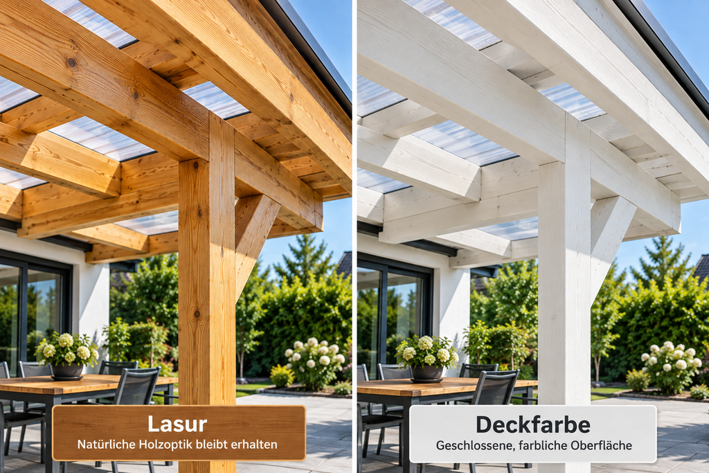 Terrassenüberdachung streichen mit Lasur oder Deckfarbe