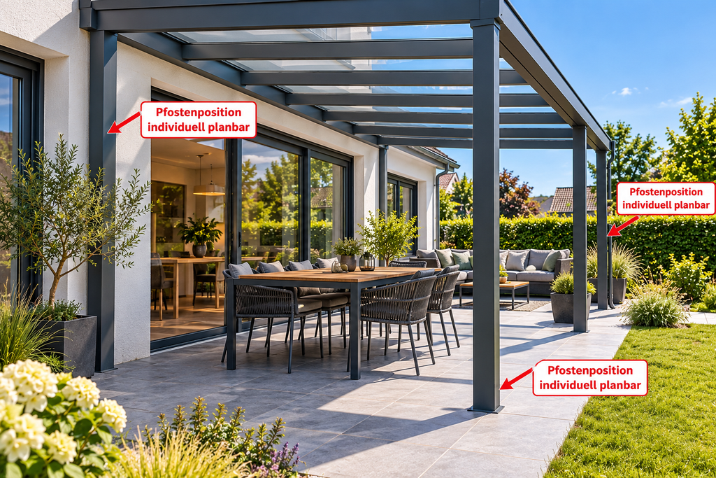 Terrassenüberdachung nach Maß mit individuellen Pfostenpositionen