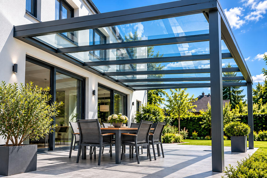Terrassenüberdachung Dach aus Glas mit Aluminiumkonstruktion