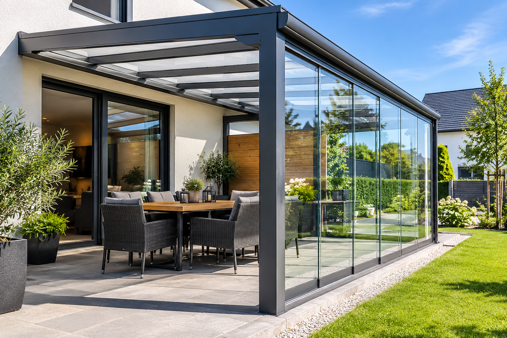 Terrassenüberdachung Seitenschutz mit Glasschiebewänden