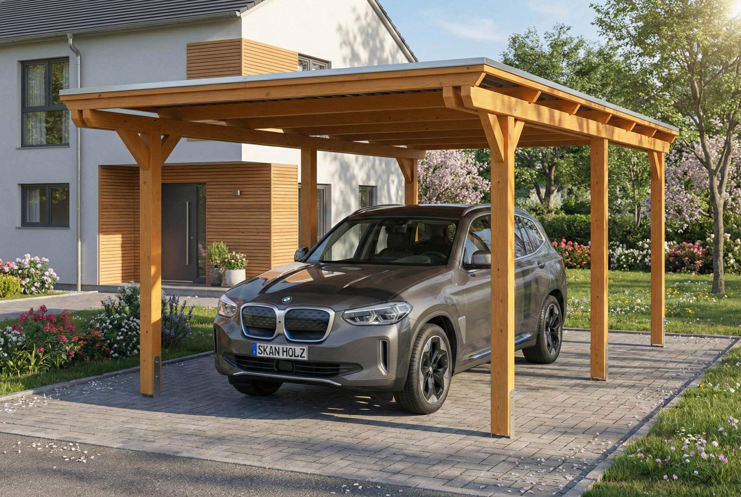 AI generated – Carport Emsland 340 x 604 cm, Stahl-Dachplatten mit Antikondensvlies, eiche hell