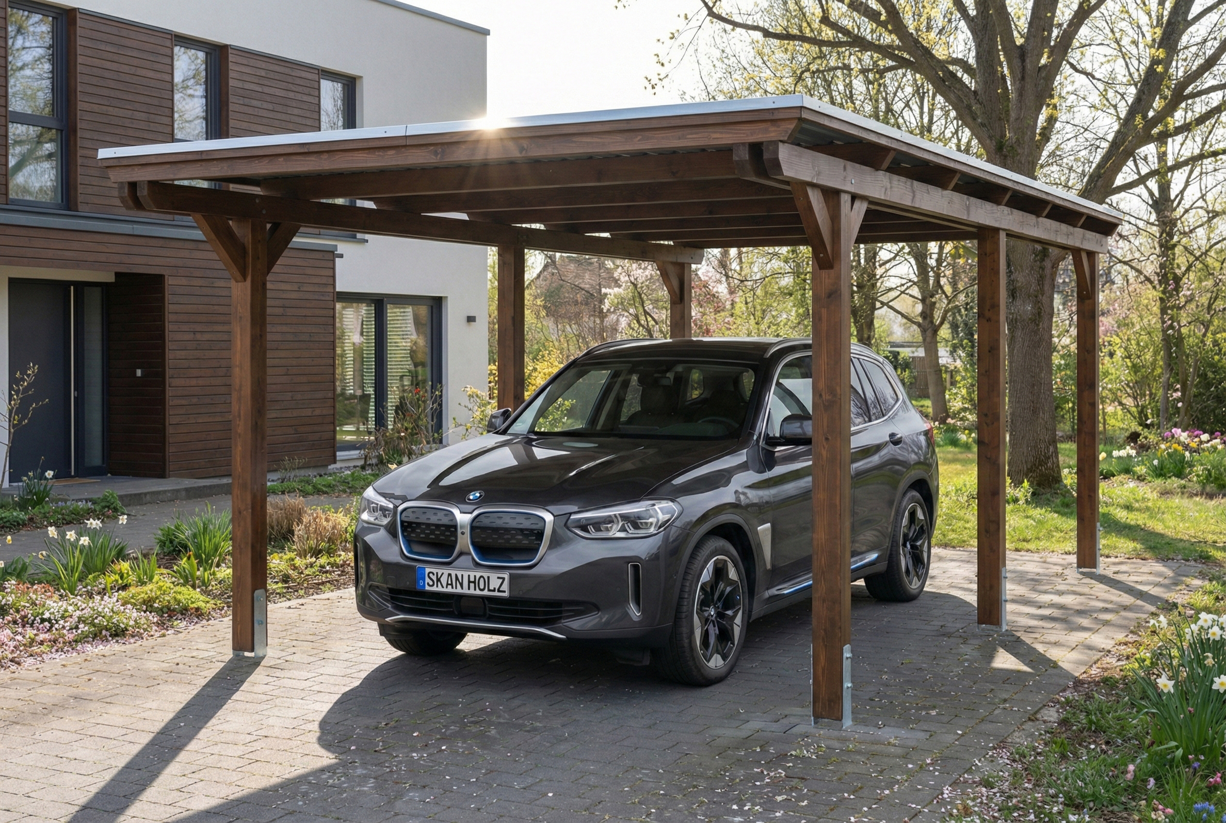 AI generated – Carport Emsland 340 x 604 cm mit EPDM-Dach, nussbaum