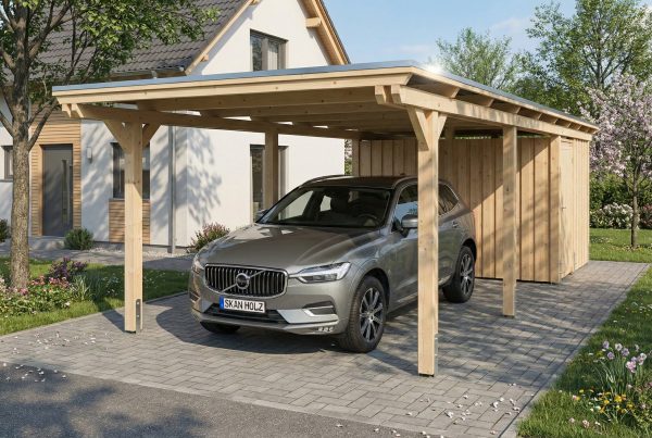 AI generated – Carport Emsland 340 x 846 cm mit EPDM-Dach, mit Abstellraum, natur