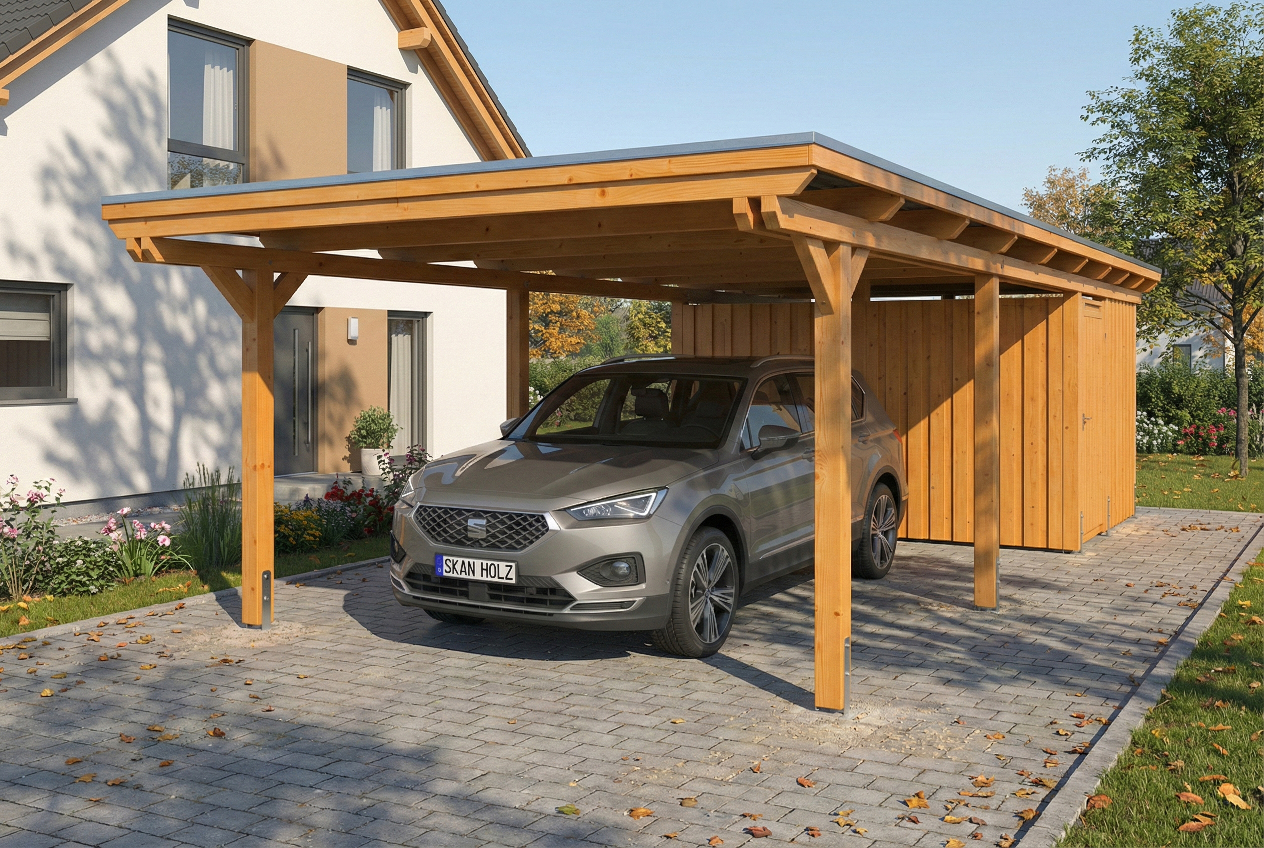 Carport Emsland 402 x 846 cm mit EPDM-Dach, mit Abstellraum, eiche hell AI generated – Carport Emsland 402 x 846 cm mit EPDM-Dach, mit Abstellraum, eiche hell