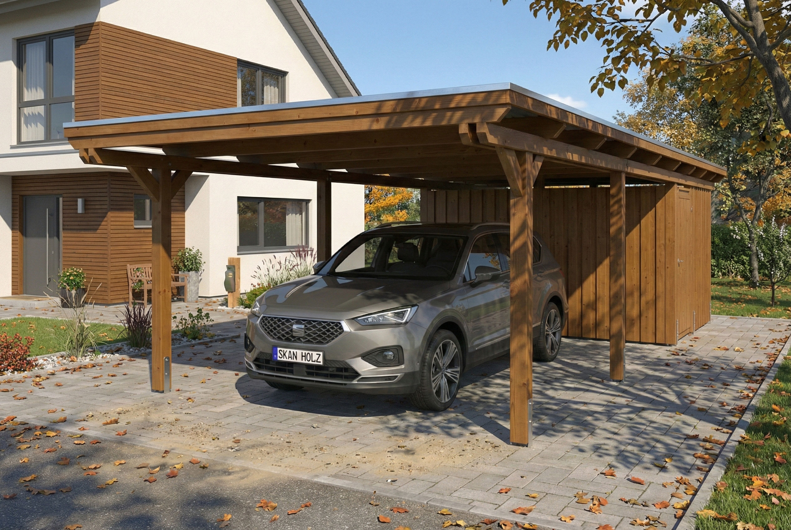 Carport Emsland 402 x 846 cm mit EPDM-Dach, mit Abstellraum, nussbaum AI generated – Carport Emsland 402 x 846 cm mit EPDM-Dach, mit Abstellraum, nussbaum