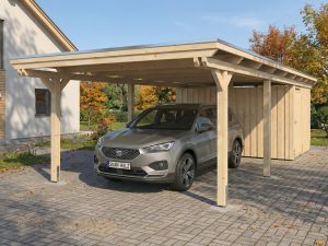 AI generated – Carport Emsland 402 x 846 cm mit EPDM-Dach, mit Abstellraum, natur