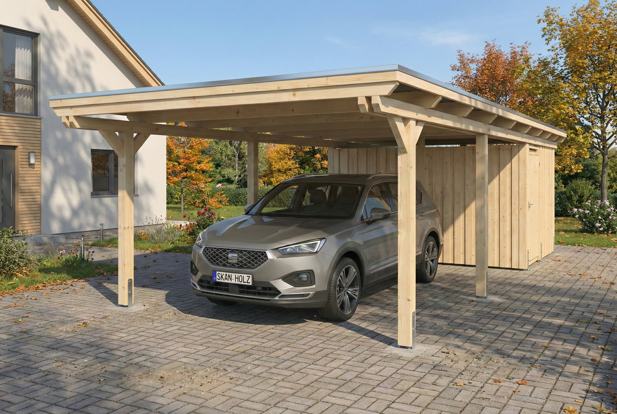 Carport Emsland 402 x 846 cm mit EPDM-Dach, mit Abstellraum, natur AI generated – Carport Emsland 402 x 846 cm mit EPDM-Dach, mit Abstellraum, natur