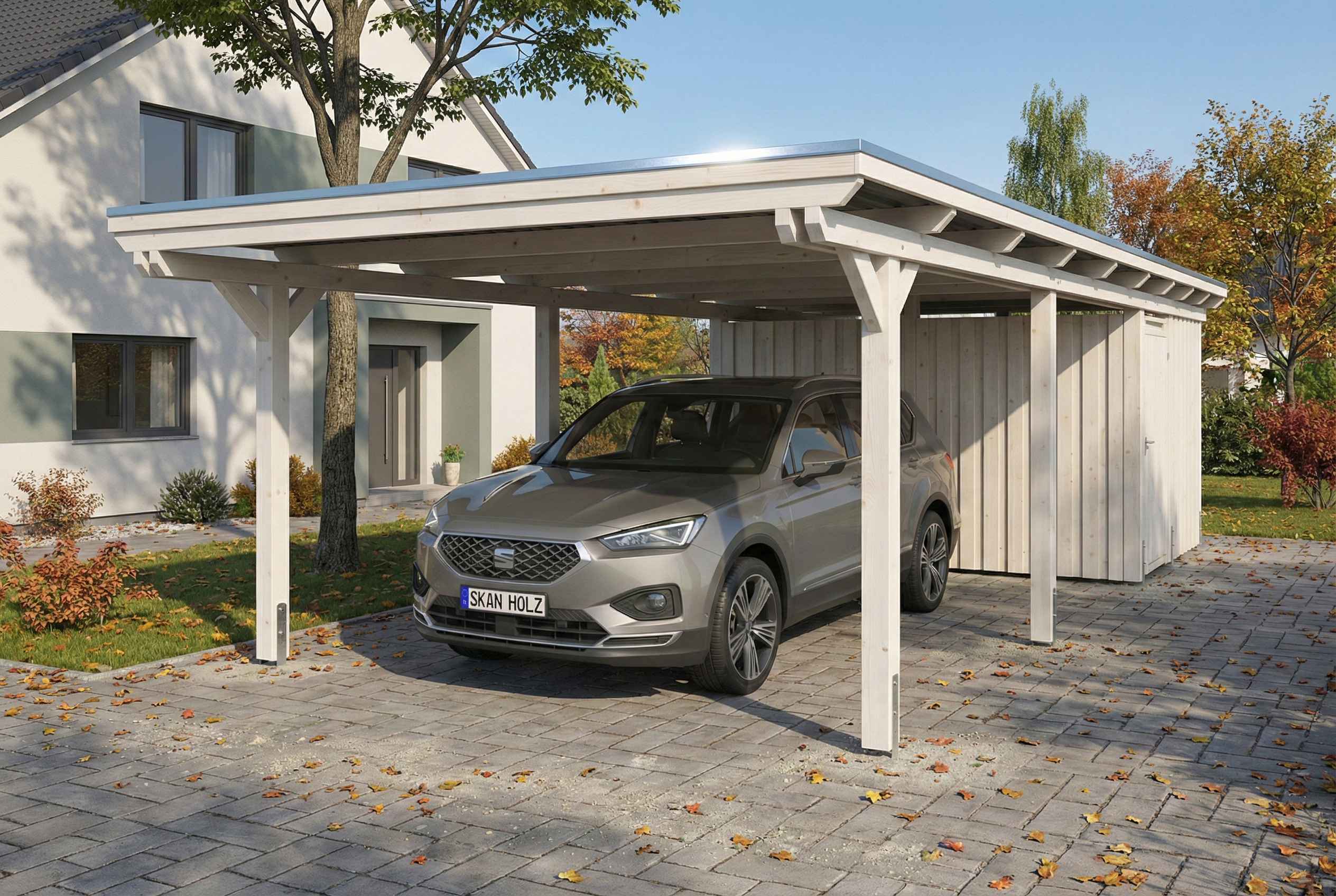 Carport Emsland 402 x 846 cm, Stahl-Dachplatten mit Antikondensvlies, mit Abstellraum, weiß AI generated – Carport Emsland 402 x 846 cm, Stahl-Dachplatten mit Antikondensvlies, mit Abstellraum, weiß