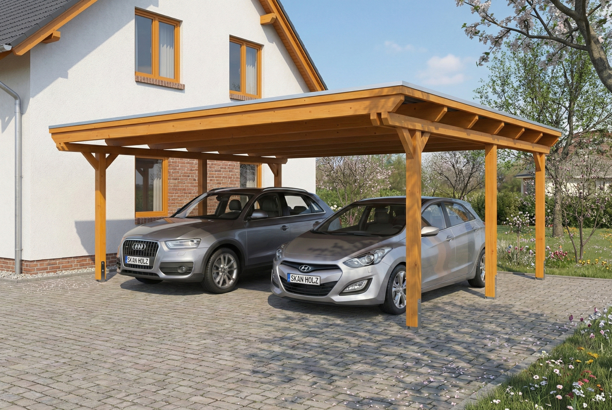 AI generated – Carport Emsland 609 x 604 cm, Stahl-Dachplatten mit Antikondensvlies, eiche hell