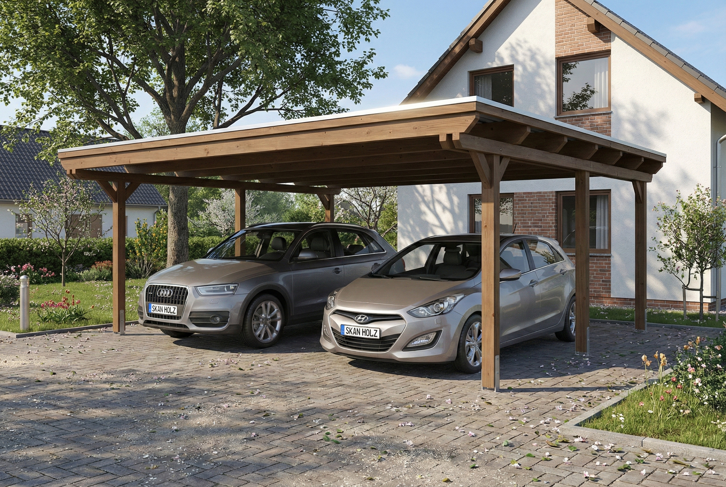 AI generated – Carport Emsland 609 x 604 cm, Stahl-Dachplatten mit Antikondensvlies, nussbaum