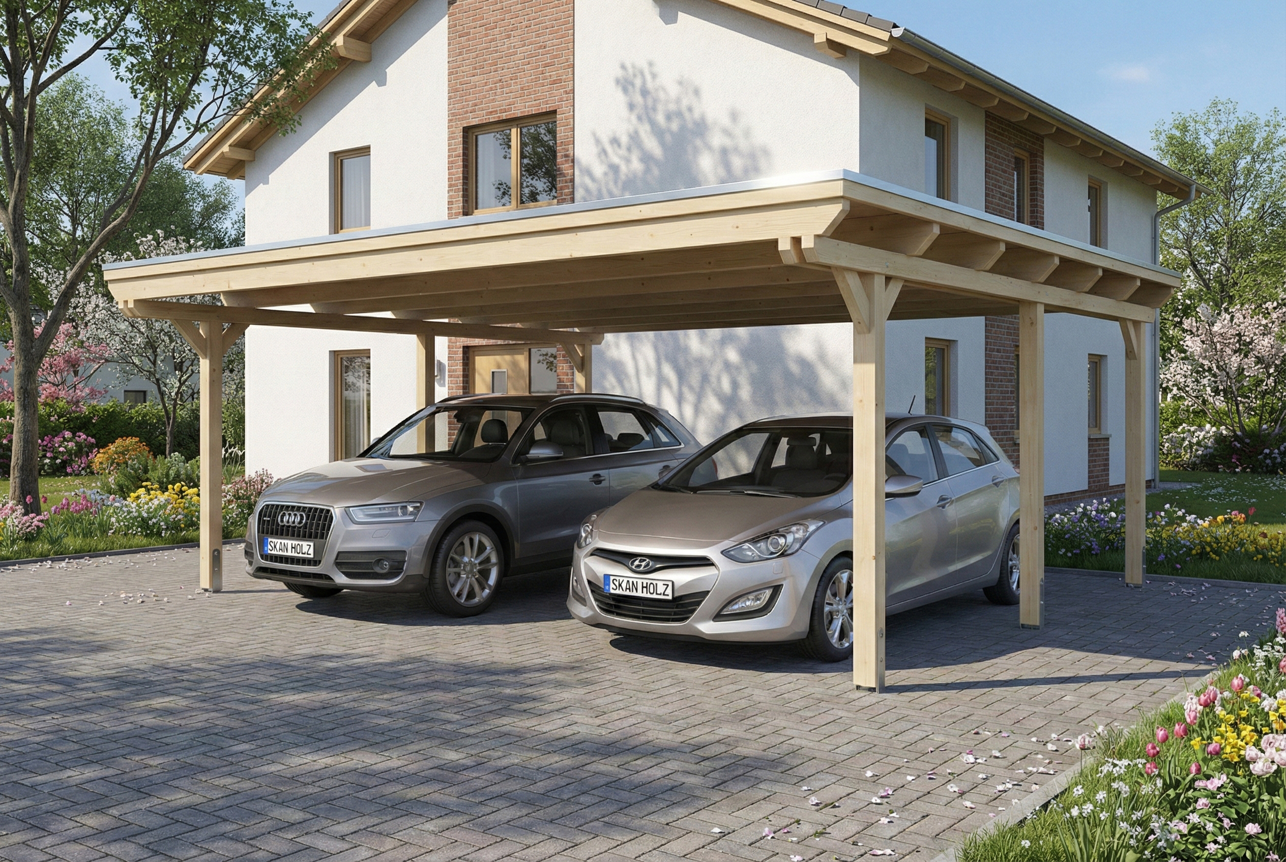 AI generated – Carport Emsland 609 x 604 cm, Stahl-Dachplatten mit Antikondensvlies, natur
